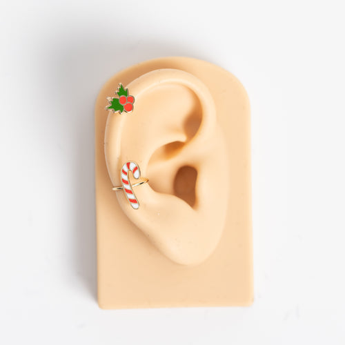 Holly & Candy Cane 18k Gold Ear Cuffs