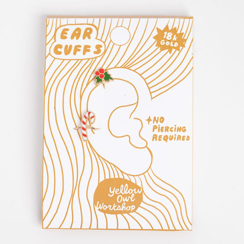 Holly & Candy Cane 18k Gold Ear Cuffs
