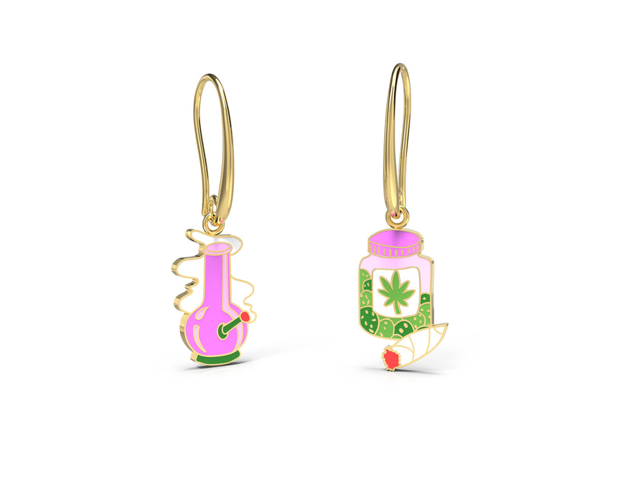 Bong & Weed Earrings 18k Gold Drop Earrings