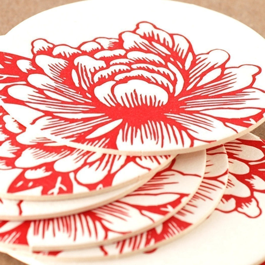 Set of 6 Scarlet Red Blossoming Flower Letterpress Coasters