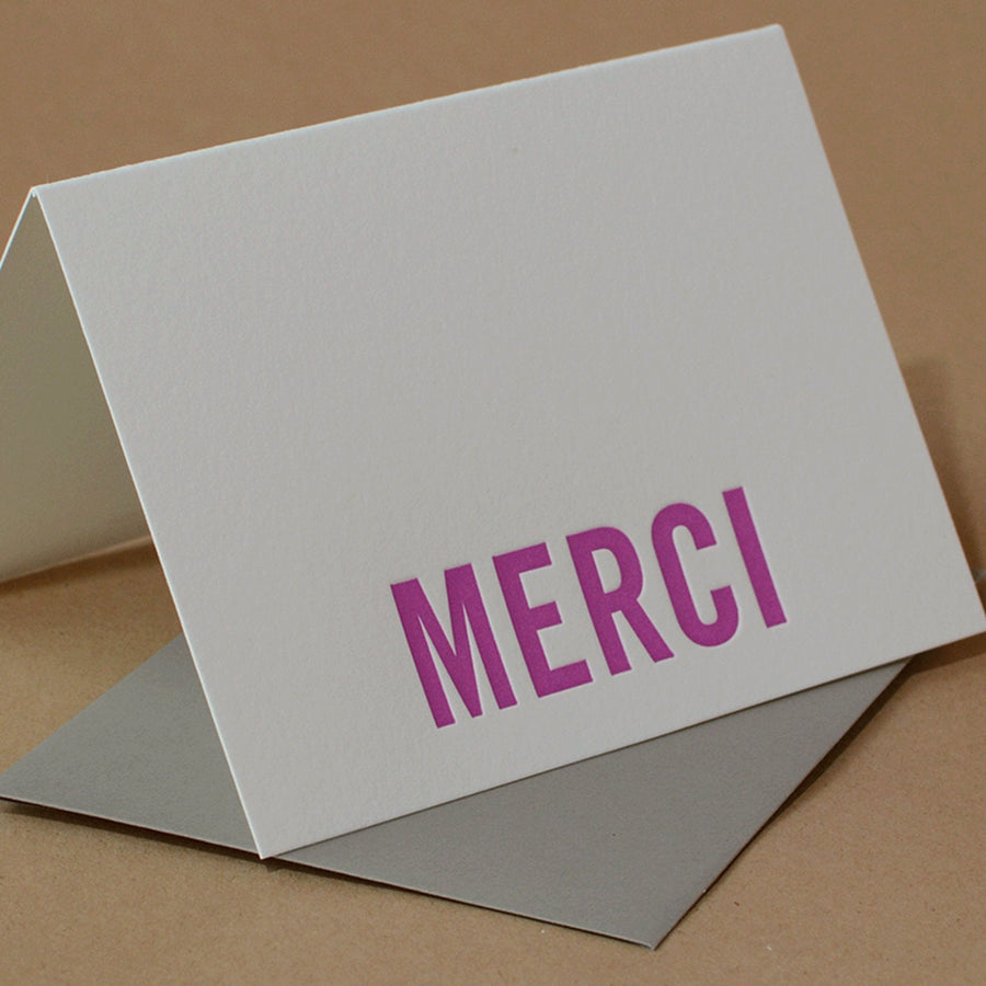 Fuchsia Modern Block Letterpress Merci Note (French Thank You)