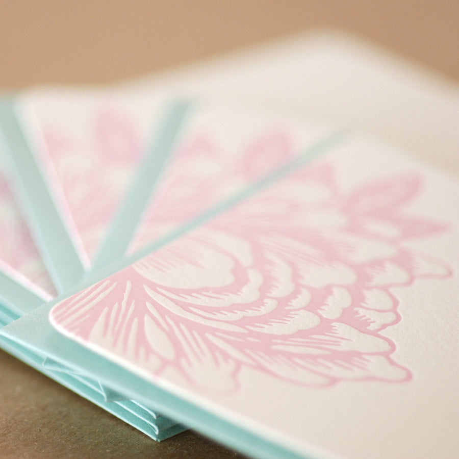 5 Peony Pink Blossoming Flower Letterpress Notes